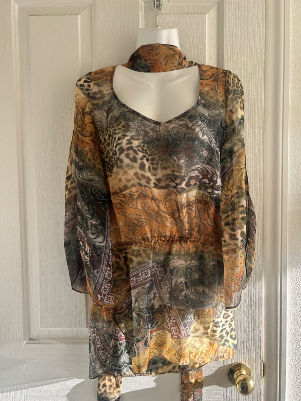Boston Proper Sheer Animal & Paisley Print Blouse in Brown and Gold